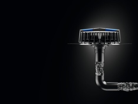 A close-up of the Pluvia roof drainage system.