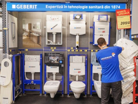 A store display showcasing various bathroom fixtures and plumbing products.