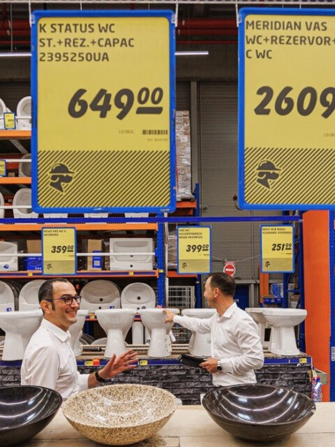 A store display showing various sanitary items and price tags, with two employees interacting in the foreground.