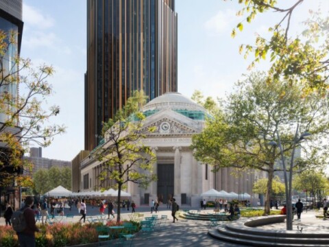 A modern urban plaza featuring a tall skyscraper behind a historic building with a dome, surrounded by greenery and people.