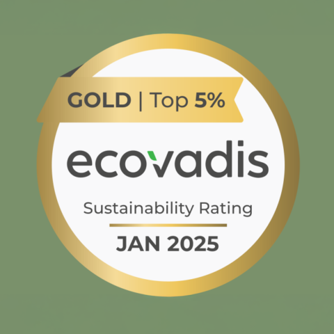 Gold sustainability rating badge from EcoVadis, indicating top 5% status, dated January 2025.