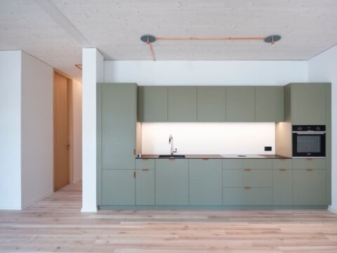 Moderne grüne Küche mit schlichten Schränken, Spüle und eingebautem Ofen, helle Holzfussböden und minimalistischer Raumgestaltung.