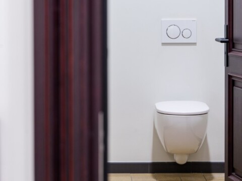 A modern wall-mounted toilet with an actuator plate visible on the wall, seen from a doorway.