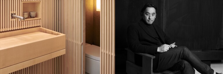 A modern wooden bathroom featuring a sleek sink and ambient lighting, alongside a black-and-white portrait of a man seated thoughtfully.