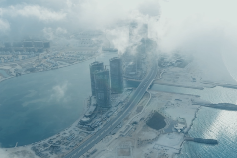 Städtische Küstenansicht mit hochmodernen Gebäuden, umgeben von Wasser und Nebel.