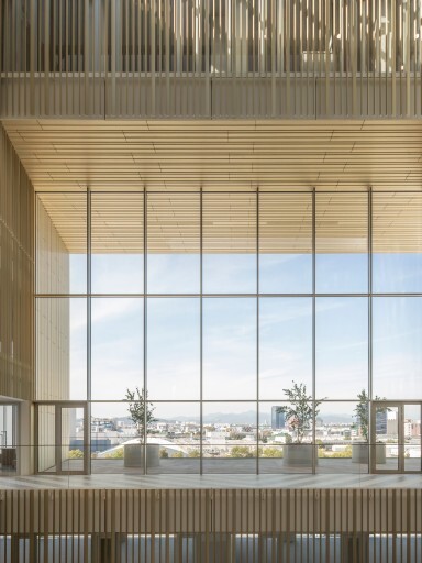 Moderne Architektur mit grossen Fenstern, Holzverkleidungen und Pflanzen auf einem Balkon mit Aussicht.