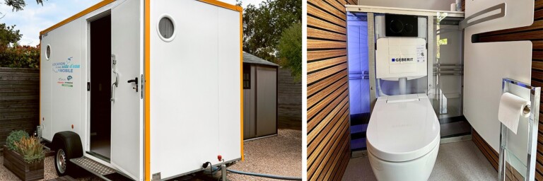 Ein kleiner mobiler Wohncontainer mit einem modernen Badezimmer, einschliesslich WC und minimalistischer Einrichtung.