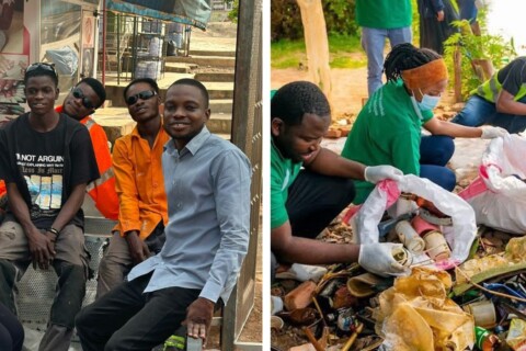 There are two pictures. A group of young people poses for a photo on the left, while on the right, individuals in green shirts clean up litter in a natural setting.