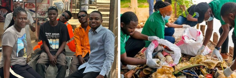 There are two pictures. A group of young people poses for a photo on the left, while on the right, individuals in green shirts clean up litter in a natural setting.