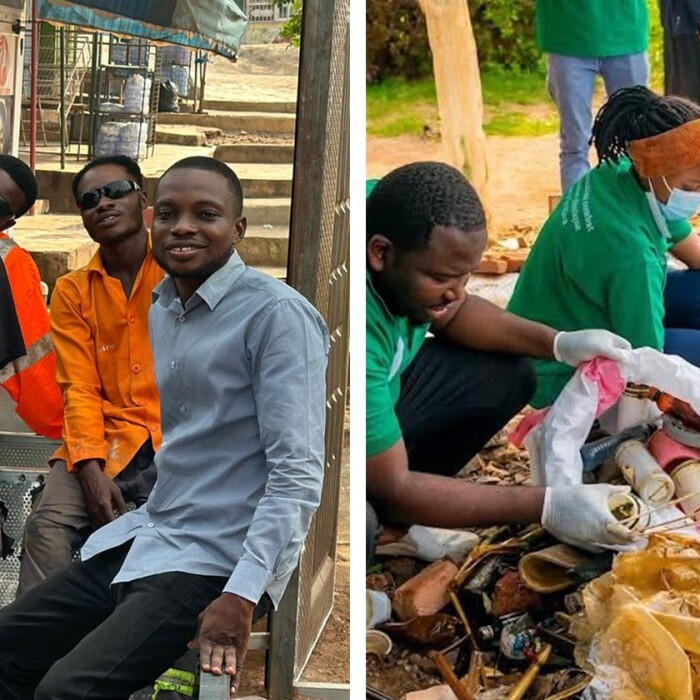 There are two pictures. A group of young people poses for a photo on the left, while on the right, individuals in green shirts clean up litter in a natural setting.