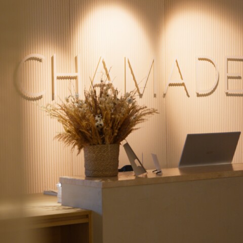 Reception area with the word "CHAMADE" on the wall and a decorative plant arrangement on a counter.