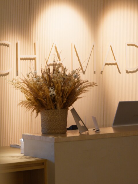 Reception area with the word "CHAMADE" on the wall and a decorative plant arrangement on a counter.