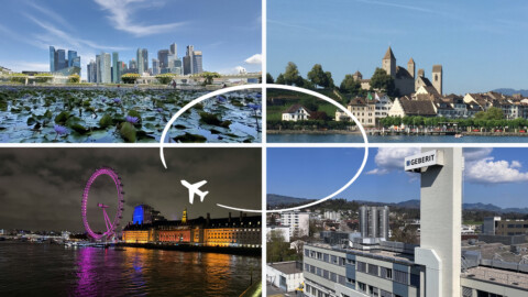 Eine Collage mit vier Bildern: eine moderne Stadtansicht mit Wolkenkratzern, ein historisches Dorf,, eine beleuchtete Uferpromenade mit Riesenrad und ein Bürogebäude mit einem Logo.