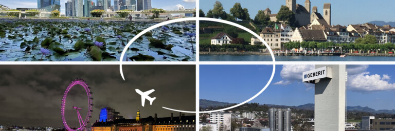 Eine Collage mit vier Bildern: eine moderne Stadtansicht mit Wolkenkratzern, ein historisches Dorf,, eine beleuchtete Uferpromenade mit Riesenrad und ein Bürogebäude mit einem Logo.