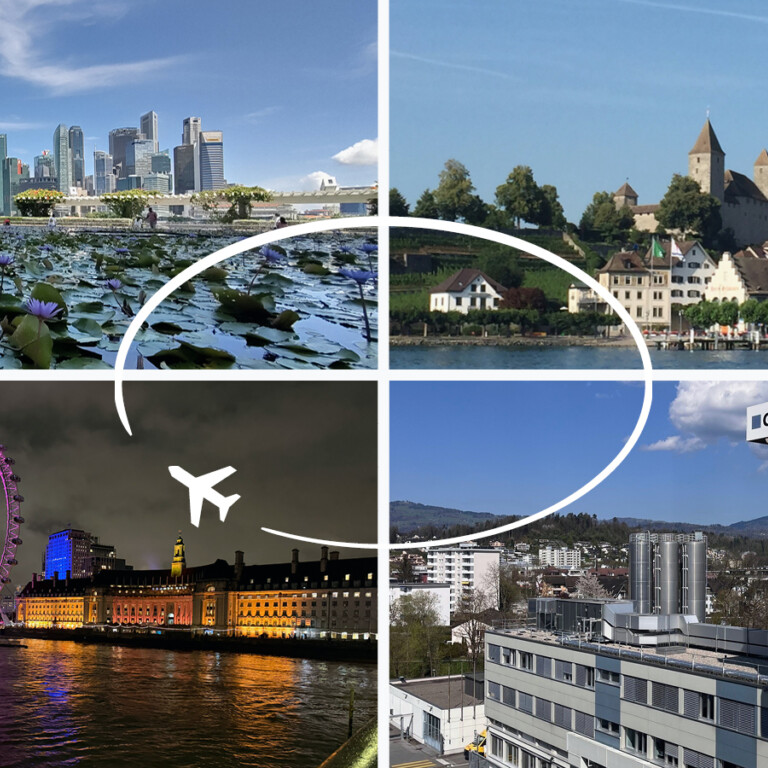 Eine Collage mit vier Bildern: eine moderne Stadtansicht mit Wolkenkratzern, ein historisches Dorf,, eine beleuchtete Uferpromenade mit Riesenrad und ein Bürogebäude mit einem Logo.