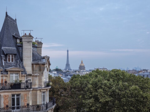 Blick auf Paris mit dem Eiffelturm umgeben von Gebäuden und Bäumen.