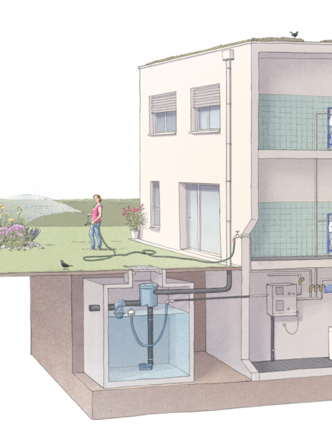 Schematische Darstellung eines Hauses mit unterirdischem Wasserspeicher und Gartenbewässerungssystem.
