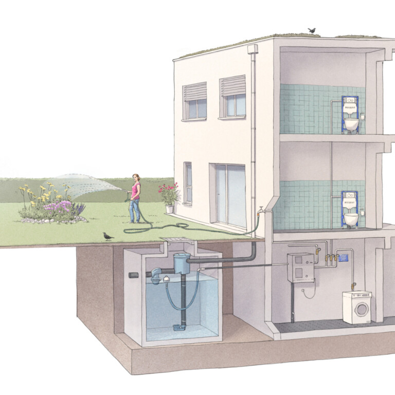 Schematische Darstellung eines Hauses mit unterirdischem Wasserspeicher und Gartenbewässerungssystem.