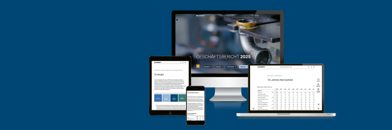 Eine Darstellung mehrerer elektronischer Geräte, darunter ein Desktop-Monitor, ein Laptop, ein Tablet und ein Smartphone, die eine Webseite präsentieren.