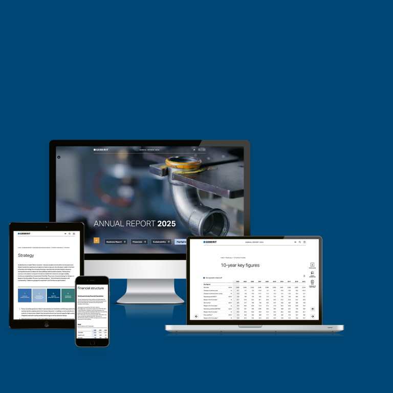 Four different devices displaying a digital annual report, including a desktop, tablet, and mobile phone, all against a blue background.