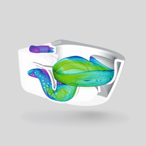 Eine transparente Darstellung einer weissen WC-Keramik, in denen farbig die Strömungen des Spülwassers dargestellt sind.