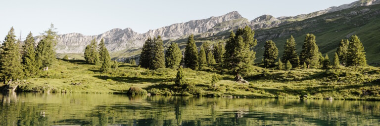 A tranquil mountain lake, surrounded by green hills and coniferous trees, reflects the rocky mountain range.