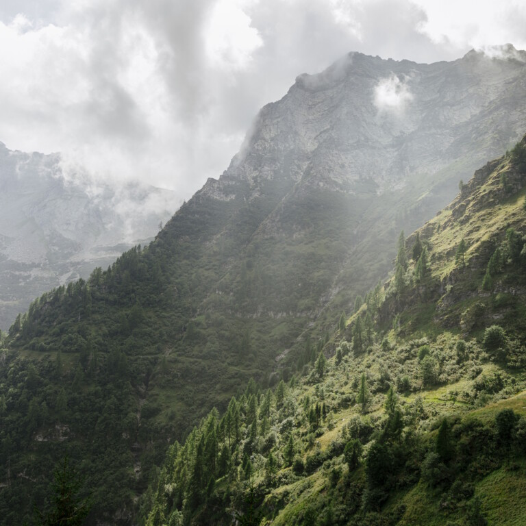 Sunlight breaking through clouds to illuminate a vast, green, forested mountain range.