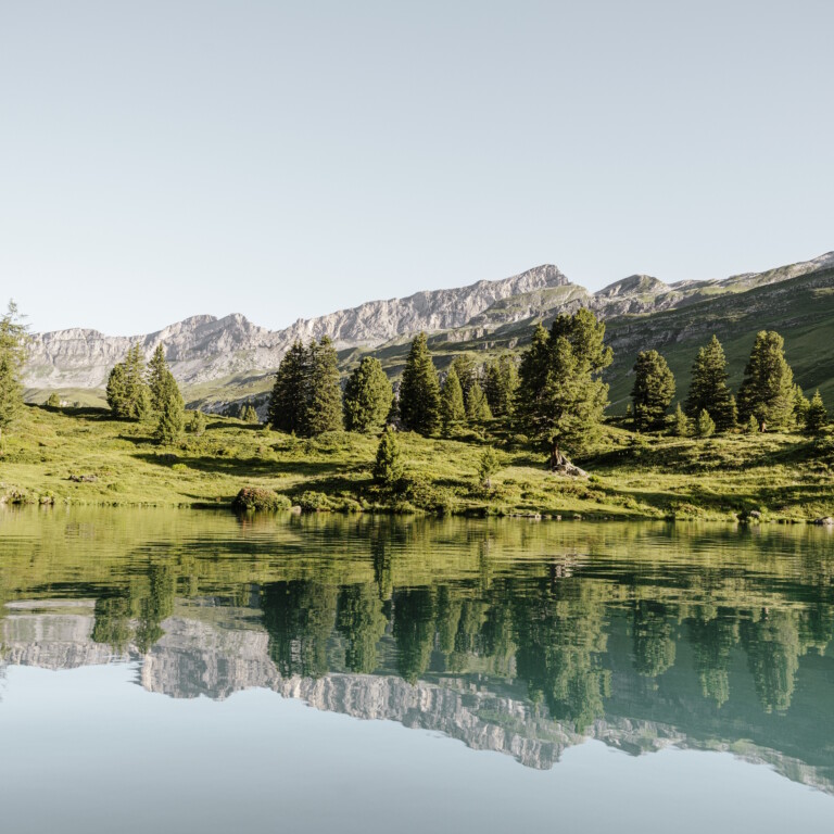 A tranquil mountain lake, surrounded by green hills and coniferous trees, reflects the rocky mountain range.